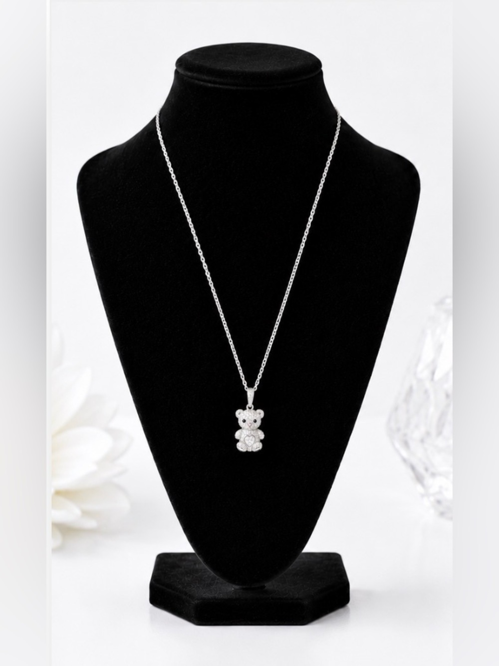 Crystal Teddy Bear Necklace | Silver-Tone Heart Gem Pendant